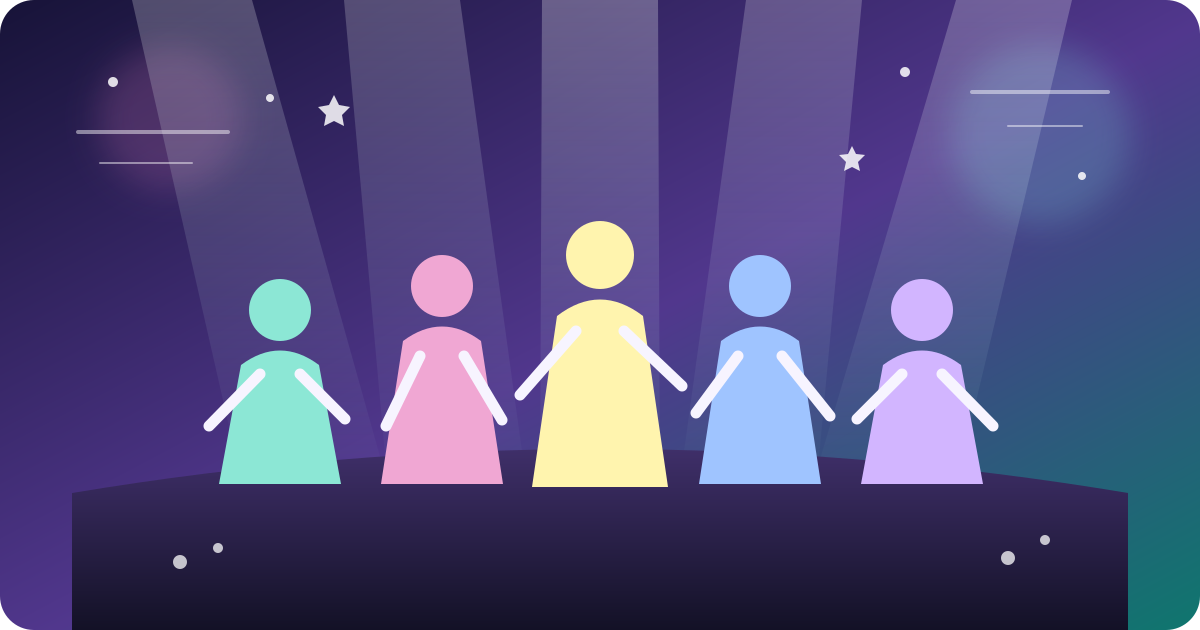 리더·보컬·퍼포먼스·래퍼·센터 다섯 역할을 표현한 K팝 무대 일러스트